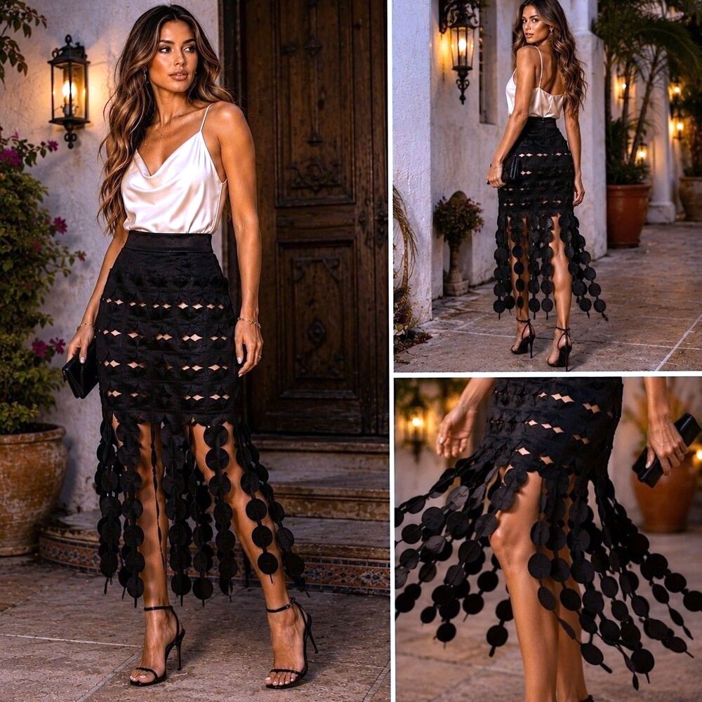 NWT AKIRA M Black Cutout Maxi Skirt Fringe Sheer Festival Statement Feminine